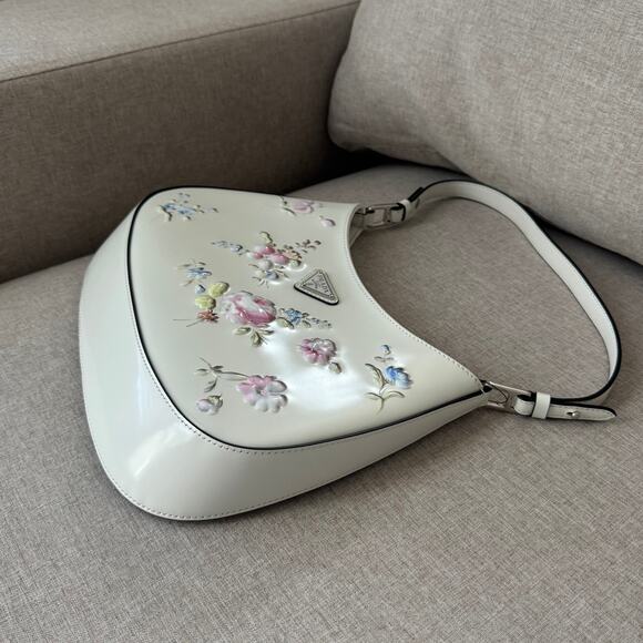 Prada Cleo Floral Embossed Bag RARE White Pastel Porcelain Effect Shoulder Bag - Picture 8 of 12